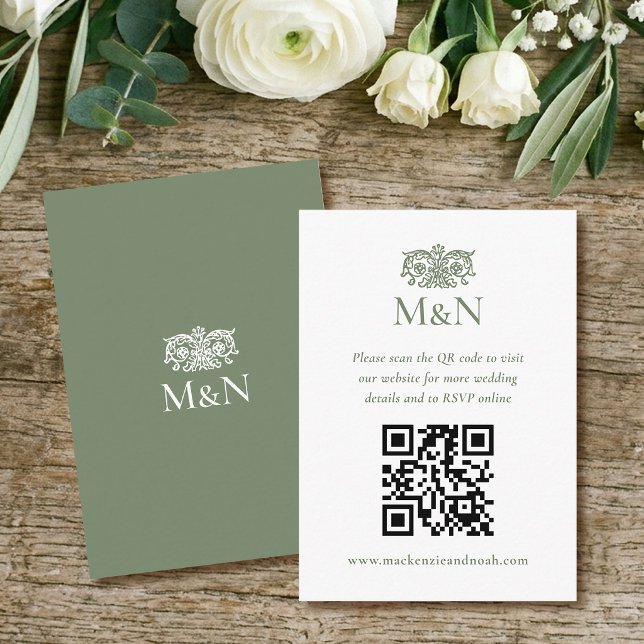 Tarjeta De Recepción Elegante Código QR de Monograma de Boda RSVP Verde (Subido por el creador)