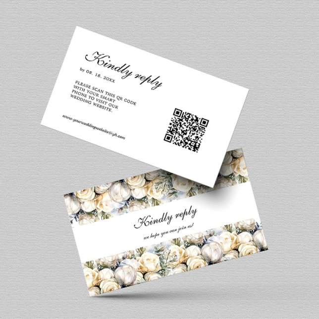 Tarjeta De Recepción Elegante código QR de Rosas Blancas RSVP (Subido por el creador)