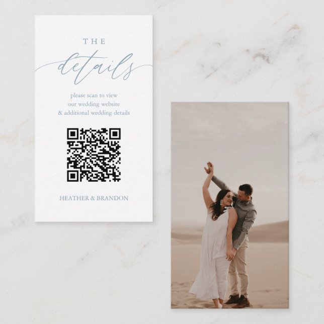 Tarjeta De Recepción Elegante código QR Detalles del Boda azul turbio (Anverso / Reverso)