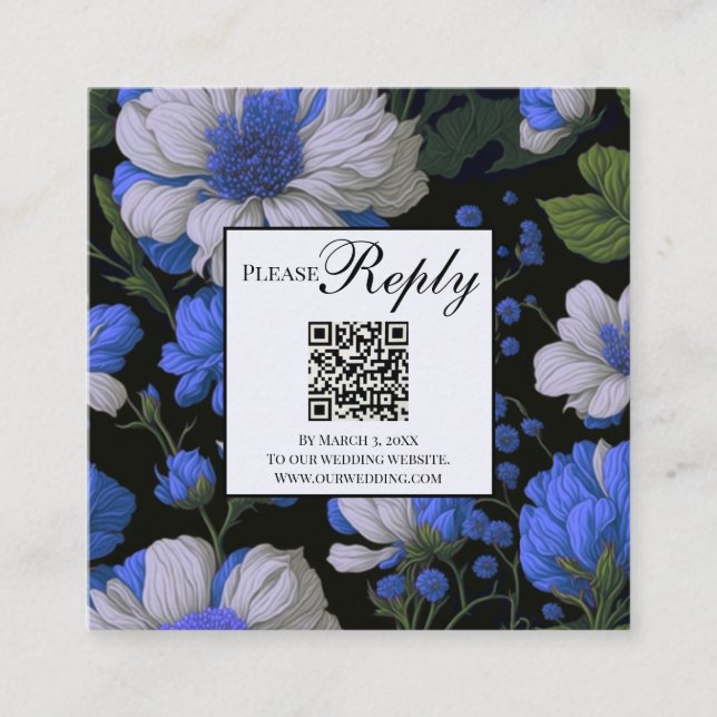 Tarjeta De Recepción Elegante código QR floral de plata blanca morada (Anverso)