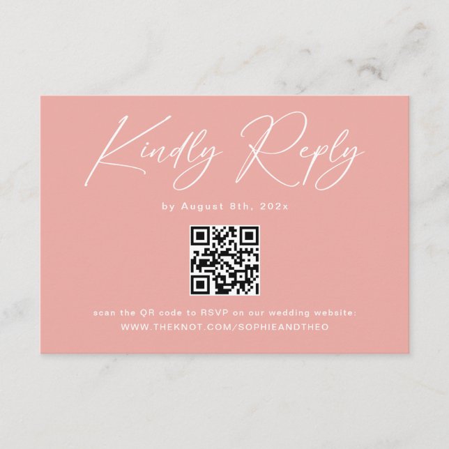 Tarjeta De Recepción Elegante código QR rosa para RSVP de boda (Anverso)