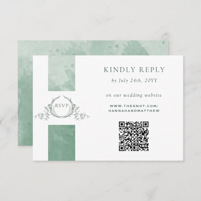 Tarjeta De Recepción Elegante Código QR RSVP Boda de Monograma Verde (Anverso / Reverso)