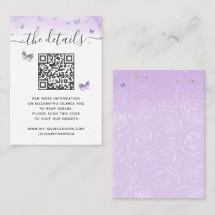 Tarjeta De Recepción Elegante Código QR RSVP Mariposa Plateada Morado C