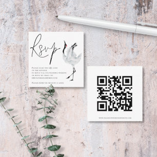 Tarjeta De Recepción Elegante Crane Bird Script QR Boda de código RSVP