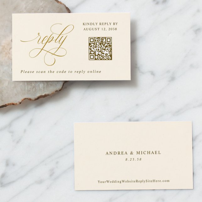 Tarjeta De Recepción Elegante Cream Gold Pequeño Boda de código QR RSVP (Elegant Cream and Gold Calligraphy Small Wedding RSVP Cards with QR Code)