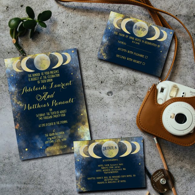 Tarjeta De Recepción Elegante Crescent Moon Celestial: Azul y Oro (Subido por el creador)