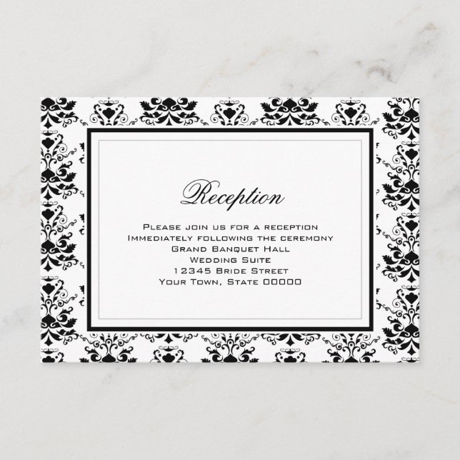 Tarjeta de recepción elegante de damasco blanco y  (Anverso)