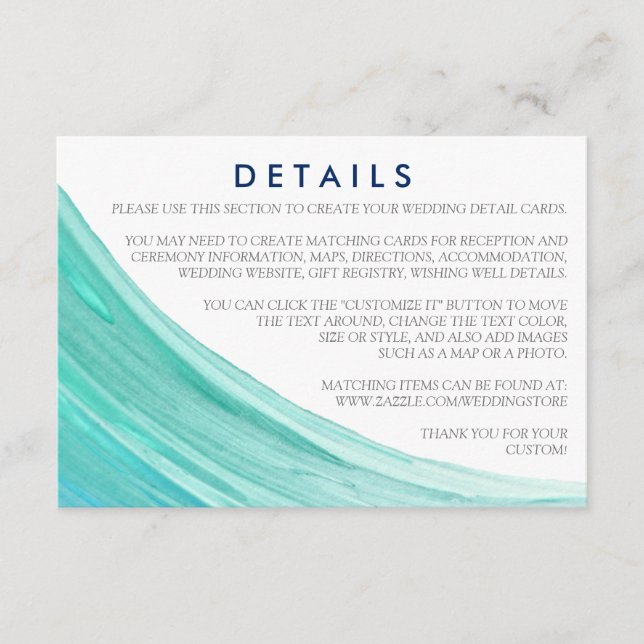 Tarjeta De Recepción Elegante detalle de bodas turquesa de marea en la  (Anverso)