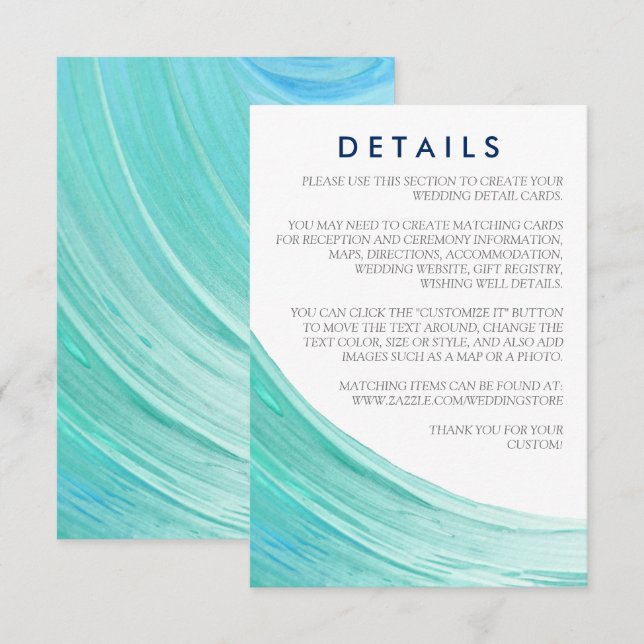 Tarjeta De Recepción Elegante detalle de bodas turquesa de marea en la  (Anverso / Reverso)