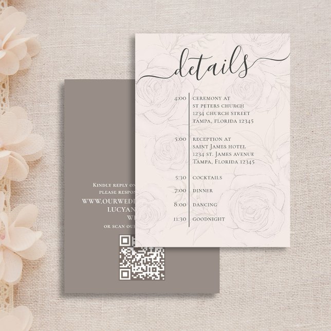 Tarjeta De Recepción Elegante Detalles de Boda Código QR Floral Rubor (Details wedding enclosure card with QR code for Online RSVP. )