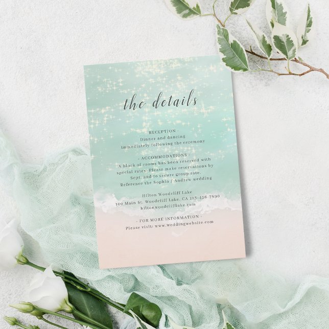 Tarjeta De Recepción Elegante detalles de bodas en la playa del océano  (Elegant sparkling ocean beach wedding details enclosure card)