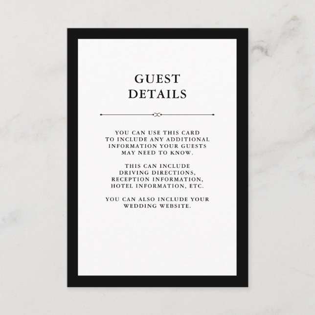 Tarjeta De Recepción Elegante | Detalles de invitado en blanco y negro (Anverso)