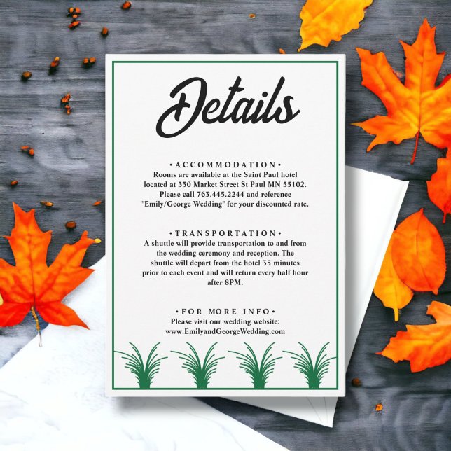 Tarjeta De Recepción Elegante detalles de la boda de otoño de hierba ve (Subido por el creador)