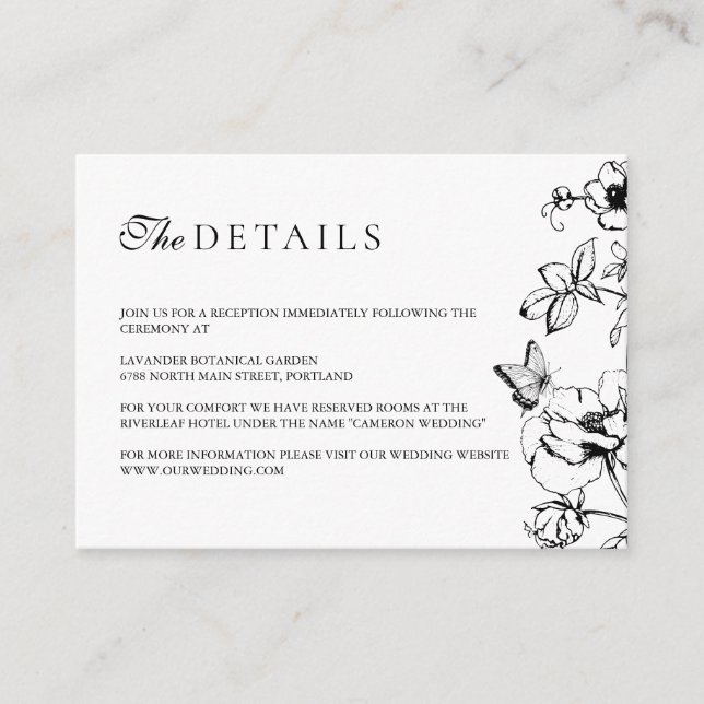 Tarjeta De Recepción Elegante detalles de la boda del jardín floral bla (Anverso)