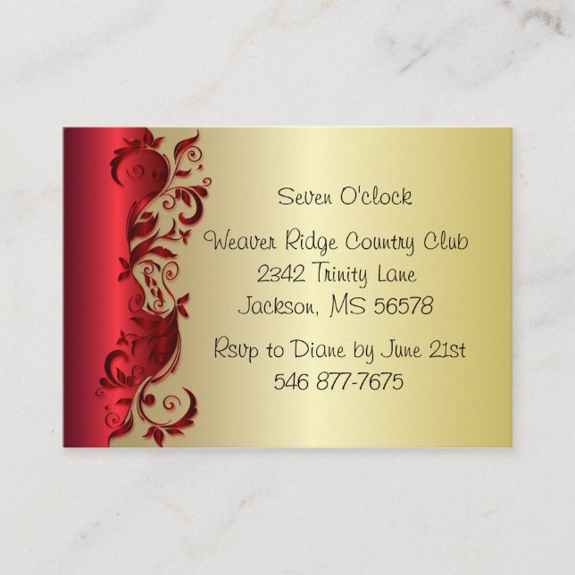 Tarjeta De Recepción Elegante diseño Boda de Florid rojo y oro (Anverso)