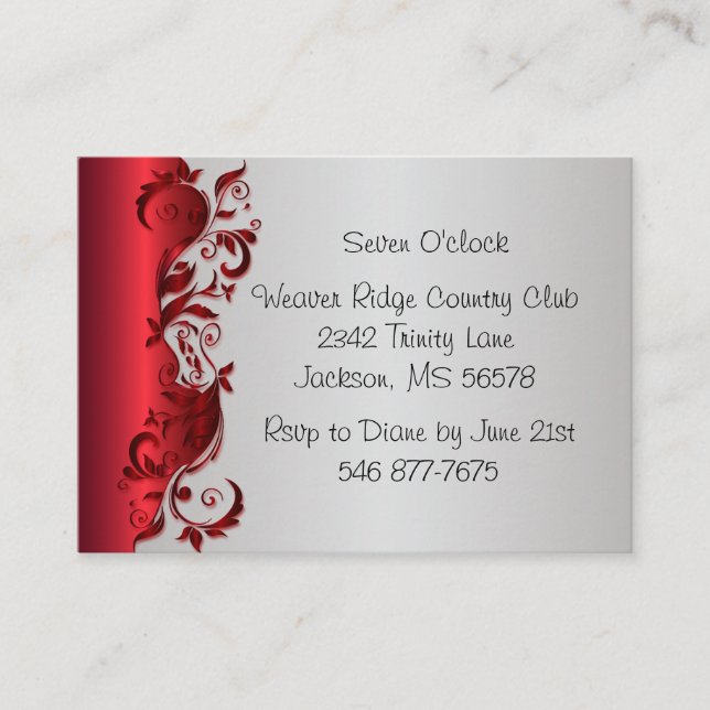 Tarjeta De Recepción Elegante diseño Boda de Florid rojo y plateado (Anverso)