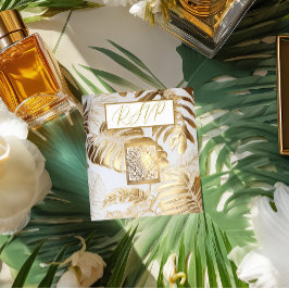 Tarjeta De Recepción Elegante dorado Monstera Boda QR Código RSVP