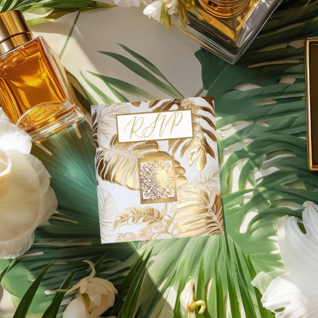Tarjeta De Recepción Elegante dorado Monstera Boda QR Código RSVP (Subido por el creador)