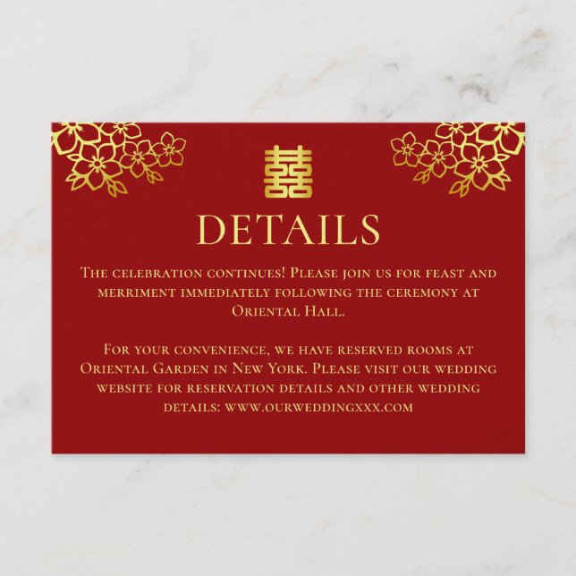 Tarjeta De Recepción Elegante dorado rojo floral detalles bodas chinos (Anverso)