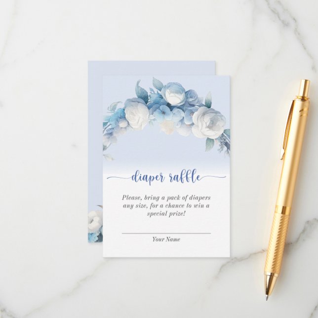 Tarjeta De Recepción Elegante Dusty Blue Floral Diaper Raffle (Anverso/Reverso In Situ)