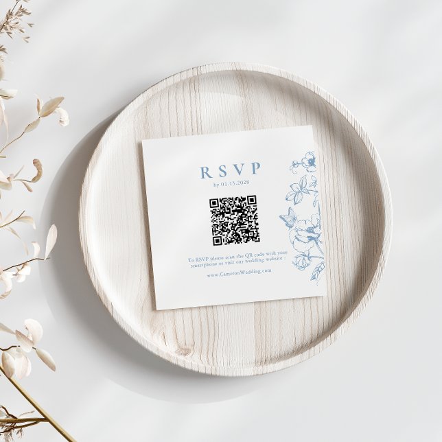 Tarjeta De Recepción Elegante Dusty Blue Floral QR Boda de código RSVP (Subido por el creador)