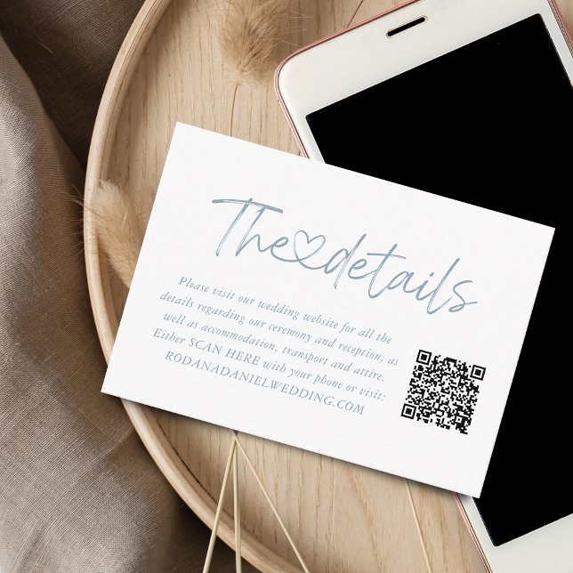 Tarjeta De Recepción Elegante Dusty Blue Script Heart Details QR Code (Elegant Dusty Blue Script Heart Details QR Code Enclosure Card)