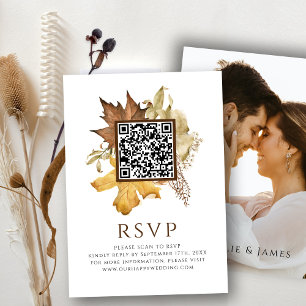 Tarjeta De Recepción Elegante Dusty Brown Fall Wedding QR Code RSVP