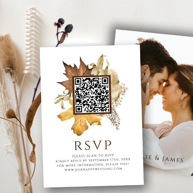 Tarjeta De Recepción Elegante Dusty Brown Fall Wedding QR Code RSVP (Subido por el creador)