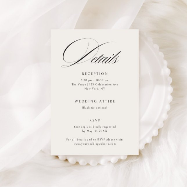 Tarjeta De Recepción Elegante Ecru Black Calligraphy Boda Details (Subido por el creador)