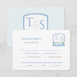 Tarjeta De Recepción Elegante Elección De Comida Boda Azul Y Blanco RSV