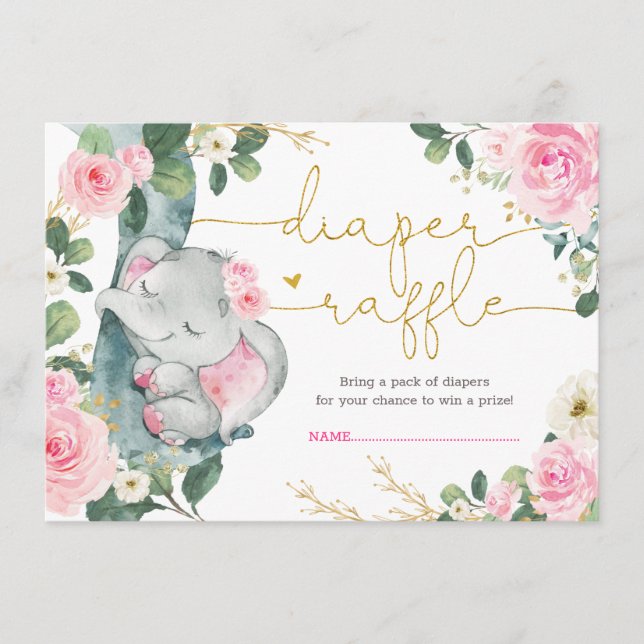 Tarjeta De Recepción Elegante Elefante Floral Rosa Ducha Diaper Raffle (Anverso)