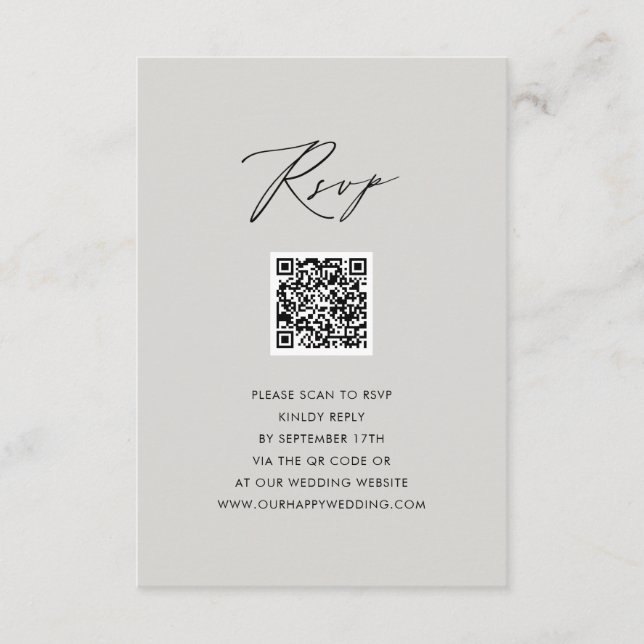 Tarjeta De Recepción Elegante escritura moderna gris simple QR RSVP de  (Anverso)