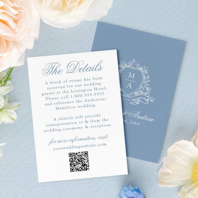 Tarjeta De Recepción Elegante Escudo floral azul Boda Detalles (Subido por el creador)