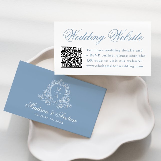 Tarjeta De Recepción Elegante Escudo floral azul Boda sitio web código  (Subido por el creador)