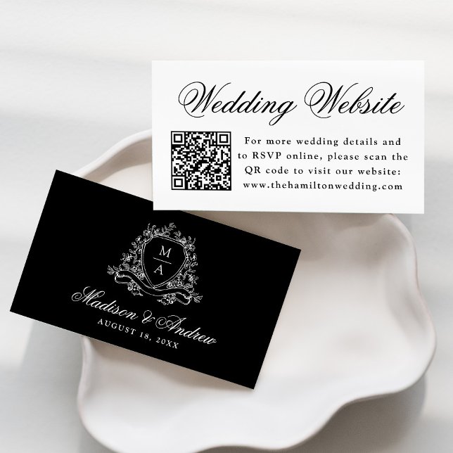 Tarjeta De Recepción Elegante Escudo floral negro Boda sitio web código (Subido por el creador)