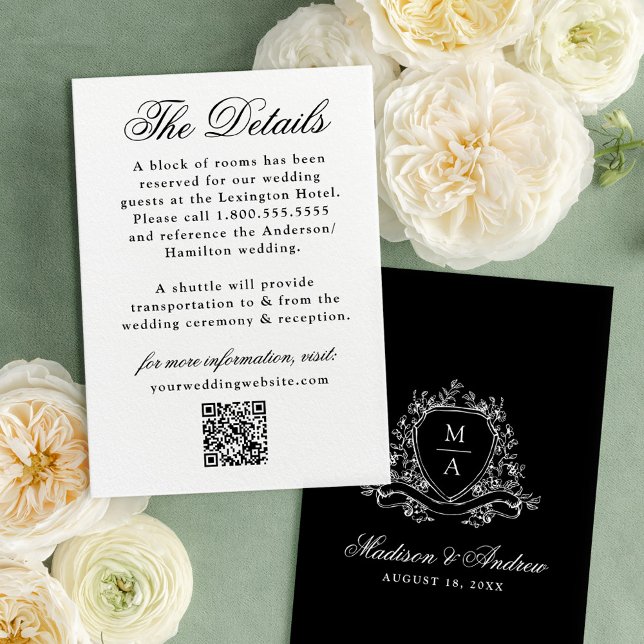 Tarjeta De Recepción Elegante Escudo floral negro detalles Boda (Subido por el creador)