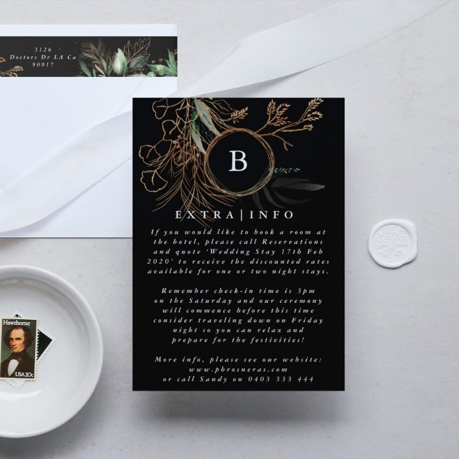 Tarjeta De Recepción Elegante Eucalipto de Oro Negro Detalles INFO (Subido por el creador)