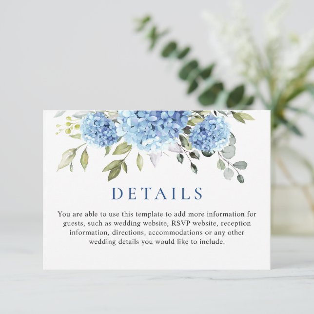 Tarjeta De Recepción Elegante Eucalyptus Blue Hydrangea Bodas Detalles (Anverso de pie)