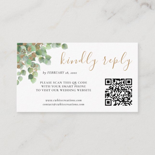 Tarjeta De Recepción Elegante Eucalyptus Botánico Greenery Gold RSVP QR (Anverso)