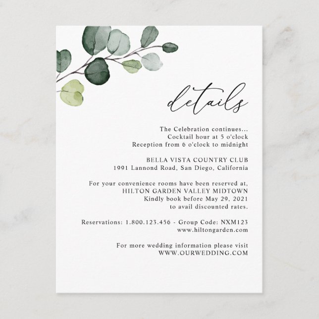 Tarjeta De Recepción Elegante Eucalyptus Greenery Boda Detalles (Anverso)