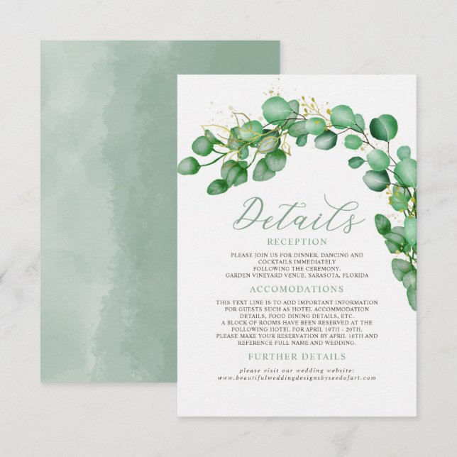 Tarjeta De Recepción Elegante Eucalyptus Greenery Boda Detalles (Anverso / Reverso)
