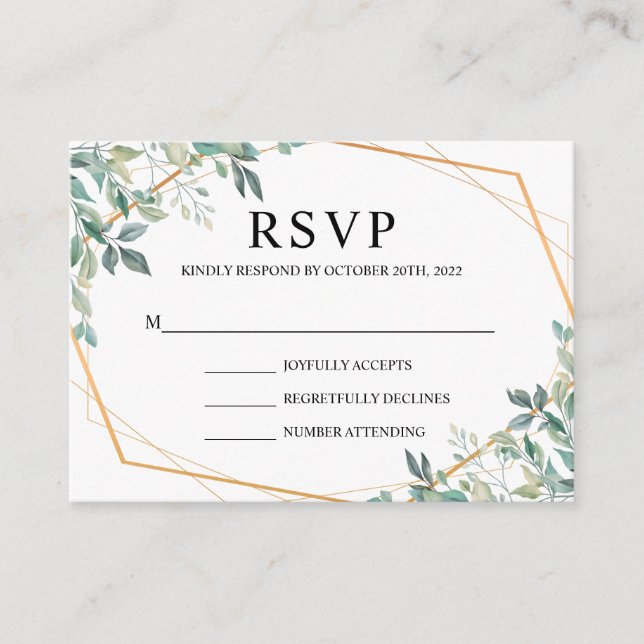 Tarjeta De Recepción Elegante Eucalyptus Greenery Gold Wedding RSVP (Anverso)