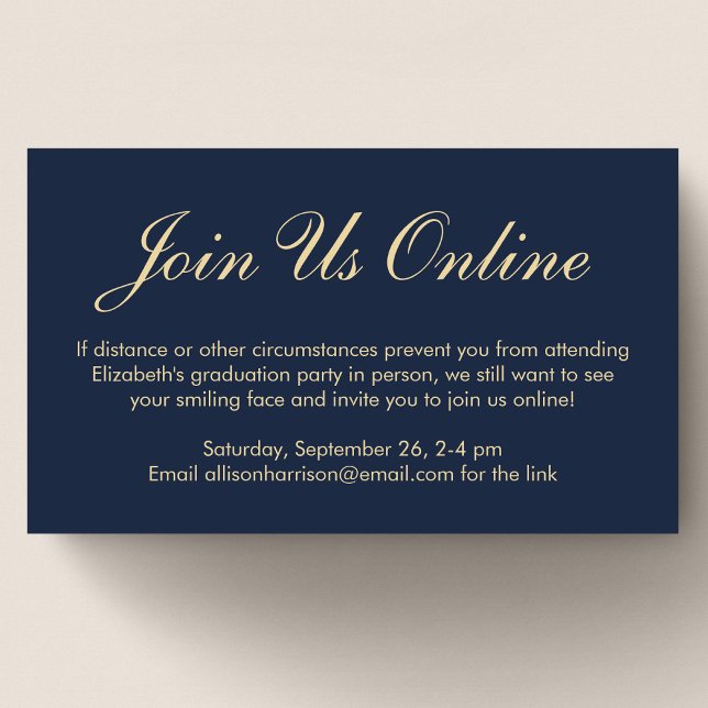 Tarjeta De Recepción Elegante fiesta virtual de graduación de oro azul (Subido por el creador)