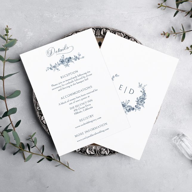 Tarjeta De Recepción Elegante floral azul francés grabado (Subido por el creador)