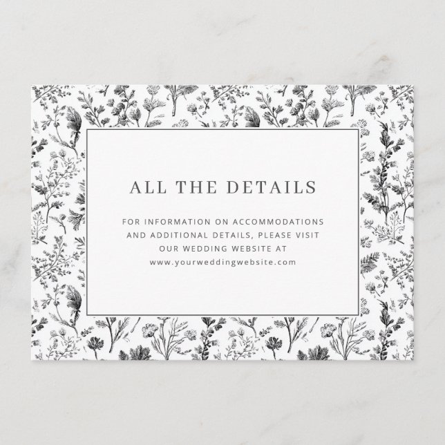 Tarjeta De Recepción Elegante Floral Botánico Negro (Anverso)