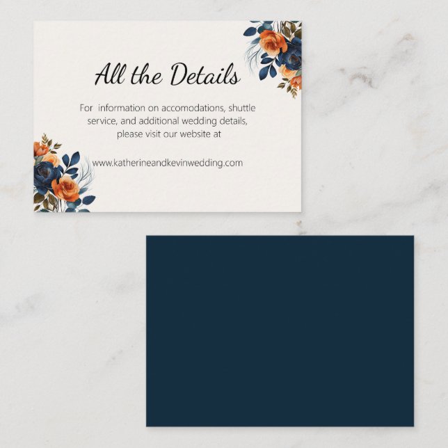 Tarjeta De Recepción Elegante floral Naranja azul de la Marina (Anverso / Reverso)