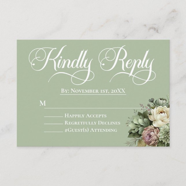 Tarjeta De Recepción Elegante Floral Verde y Boda Blanca RSVP (Anverso)