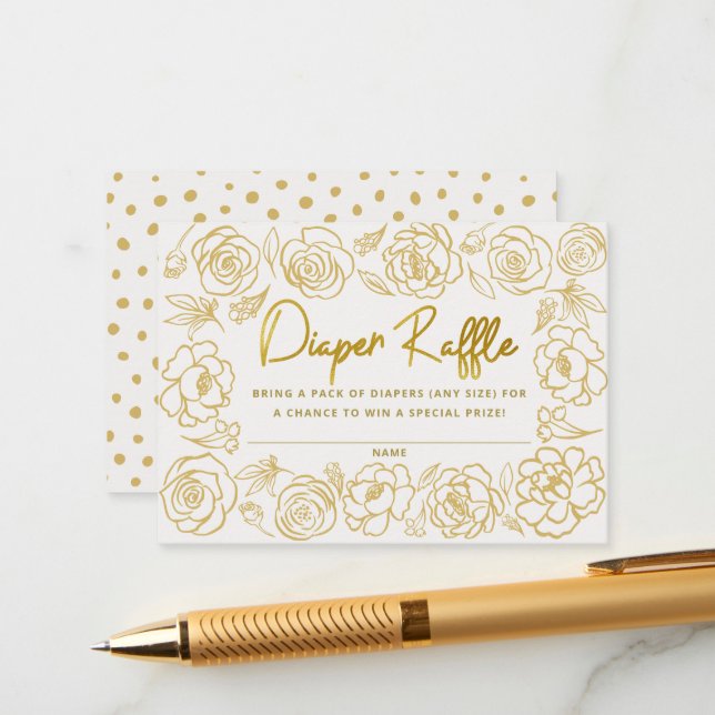 Tarjeta De Recepción Elegante Flores Baby Shower Diaper Raffle Card (Anverso/Reverso In Situ)