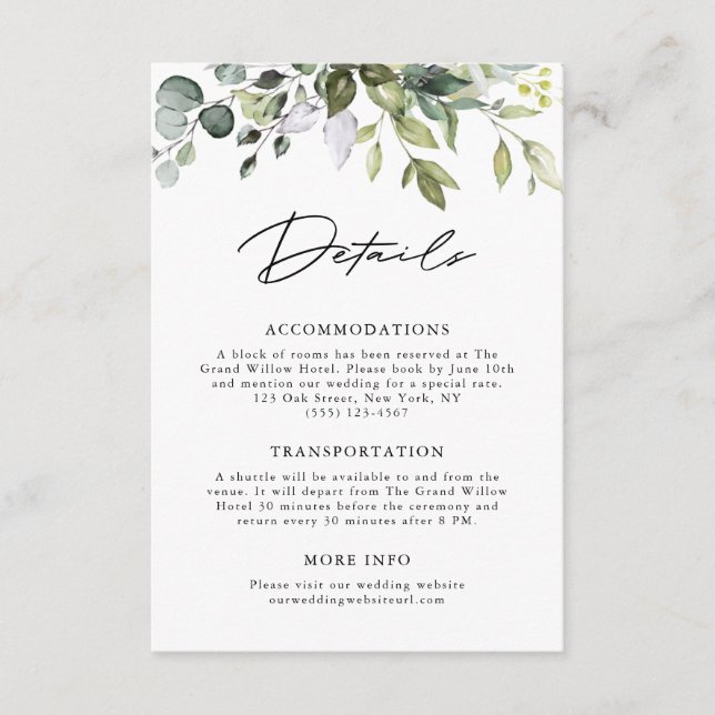 Tarjeta De Recepción Elegante Follaje de Eucalipto Bodas con Letra Mode (Anverso)