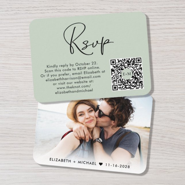 Tarjeta De Recepción Elegante foto Boda de código QR Sage RSVP (Subido por el creador)